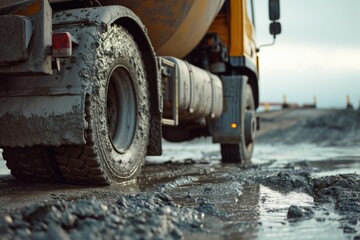 A cement truck is seen driving down a muddy road. This versatile image can be used to depict construction, infrastructure, transportation, or heavy machinery - obrazy, fototapety, plakaty