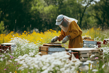 Beekeeper in yellow suit inspecting honey bee frames in hives among flowering meadow. Apiculture and sustainable farming concept
 - obrazy, fototapety, plakaty