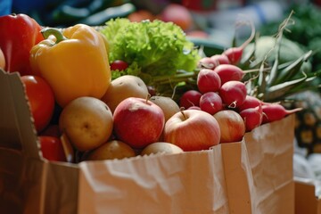 A paper bag filled with a variety of fresh fruits and vegetables. Perfect for healthy eating or grocery shopping