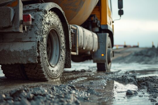 A cement truck is seen driving down a muddy road. This versatile image can be used to depict construction, infrastructure, transportation, or heavy machinery