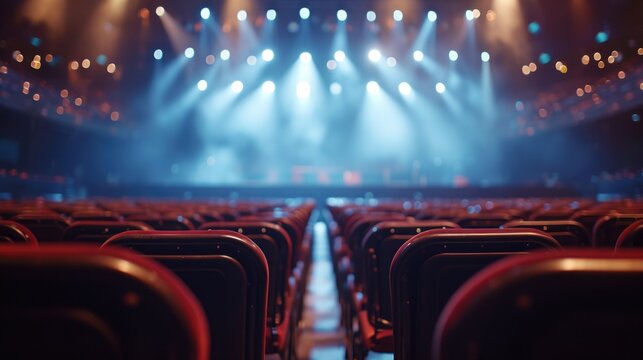 A stage set up with rows of chairs and bright lights. Perfect for events, conferences, or performances