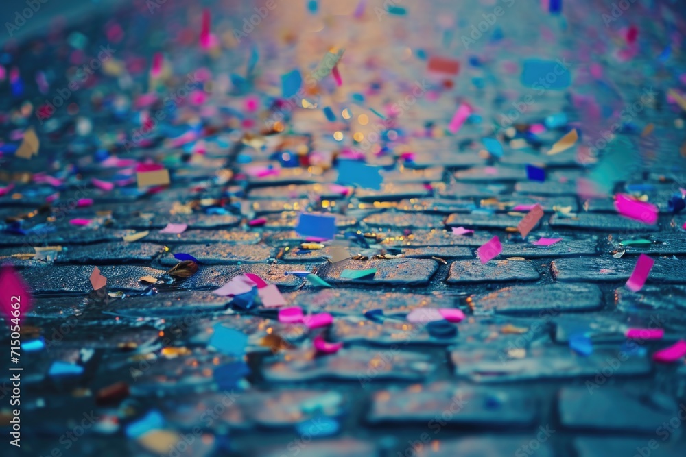 Poster colorful confetti falling from the sky onto a charming cobblestone street. perfect for festive celeb