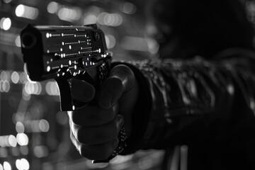 A person holding a gun in their hand. Can be used to illustrate themes of crime, self-defense, law enforcement, or danger - obrazy, fototapety, plakaty