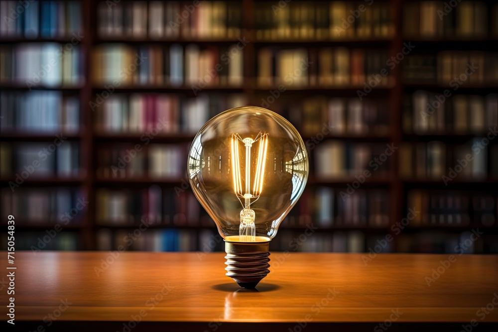 Poster a glowing light bulb in book of library, bookshelf lighting to emphasize the glow within the bulb