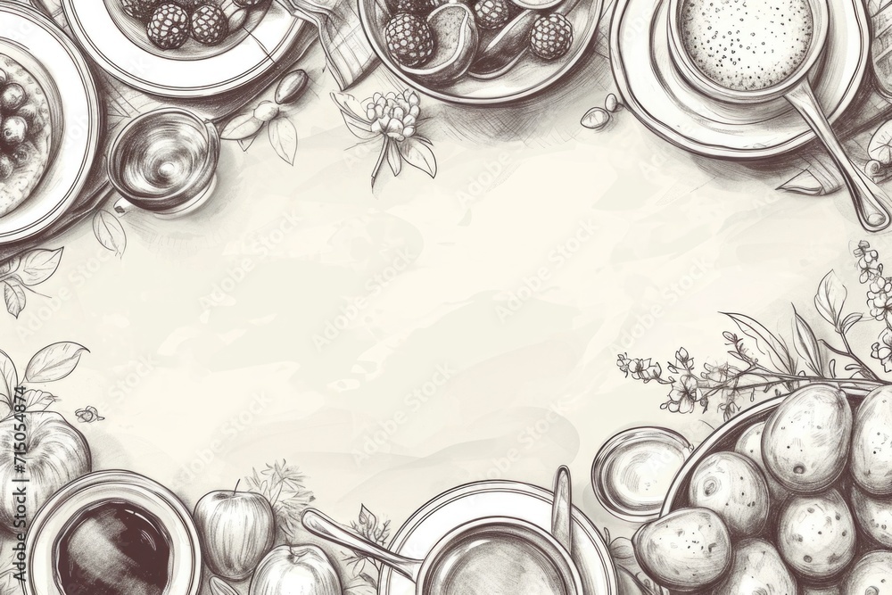 Aufkleber A drawing showcasing a diverse selection of food items arranged on a table. Perfect for illustrating culinary concepts and creating appetizing visuals