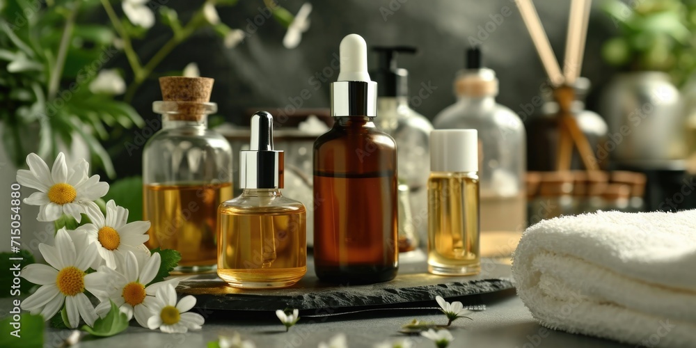 Poster a collection of essential oil bottles arranged neatly on a table. this versatile image can be used f