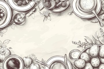 A drawing showcasing a diverse selection of food items arranged on a table. Perfect for illustrating culinary concepts and creating appetizing visuals