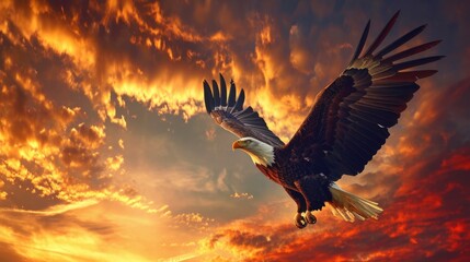 A powerful eagle soars through the cloudy sky, displaying its strength and grace. Perfect for nature enthusiasts or those seeking an image of freedom and determination - obrazy, fototapety, plakaty
