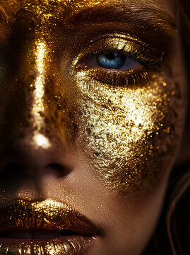 Creative Golden face makeup, closeup pose, Golden lips, the art of makeup style, 