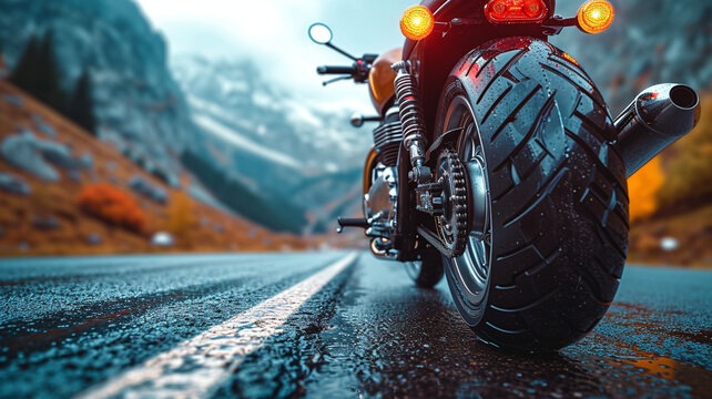Generative Ai Art High Res Rendering of a fat tire MotorBike on Rainy Mountain road