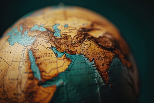 A close up view of a globe placed on a table. Can be used to depict travel, geography, or education
