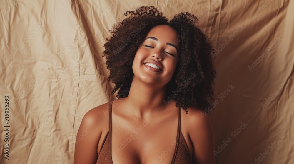 Poster a woman in a brown dress is captured smiling and posing for a picture. this versatile image can be u