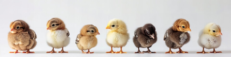 cute baby chicks standing in a row, isolated on white - obrazy, fototapety, plakaty