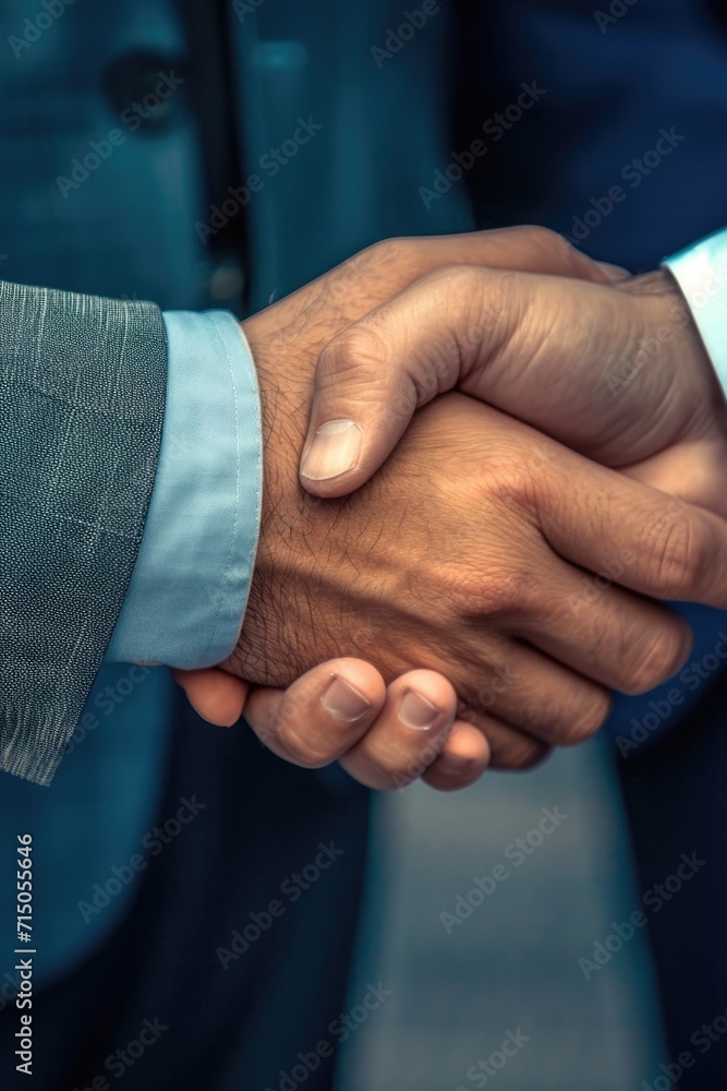 Poster two people shaking hands in a close-up shot. suitable for business and professional contexts