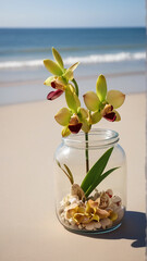 A Captivating Cymbidium Orchid Flower Jar Amidst Beach Serenity AI GENERATED