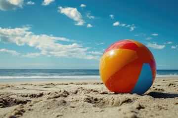 A colorful beach ball resting on a sandy beach near the ocean. Perfect for summer-themed designs and advertisements