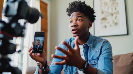 Young man is recording himself with a digital camera on a tripod, seemingly engaged in a lively discussion or presentation. - obrazy, fototapety, plakaty