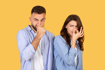 Disgusted couple pinching noses, displeased faces on yellow background