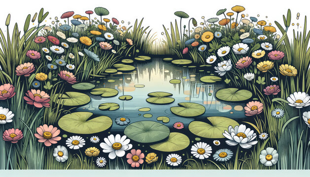 Illustration of a tranquil pond with water lilies, surrounded by a meadow of daisies and buttercups