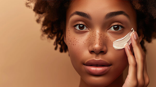 Young woman with freckles applying a white cream to her face against a neutral background. - Powered by Adobe