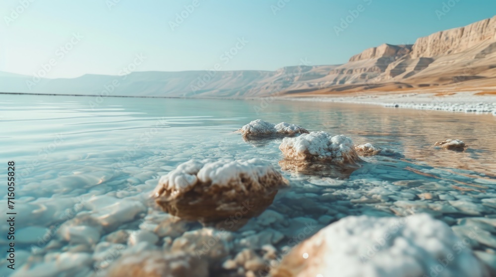 Poster a picture of a body of water with rocks. suitable for nature-themed designs or as a background image