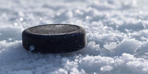 A hockey puck resting on a snowy surface. Suitable for winter sports themes and outdoor activities