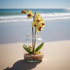 A Captivating Cymbidium Orchid Flower Jar Amidst Beach Serenity AI GENERATED - obrazy, fototapety, plakaty