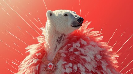 Polar Bear Wearing Red and White Outfit, Cute Arctic Animal in Festive Clothes