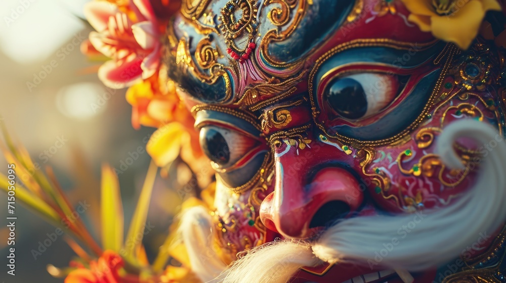 Poster A close up view of a mask with a flower in its mouth. This image can be used for various purposes