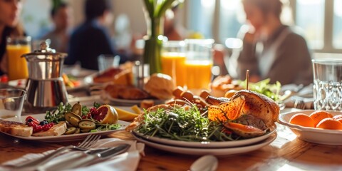 A picture of a wooden table with various plates of food. Perfect for food bloggers, restaurant menus, and cooking websites
