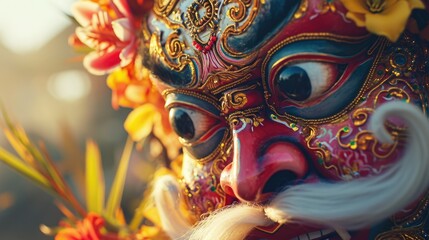 Naklejka premium A close up view of a mask with a flower in its mouth. This image can be used for various purposes