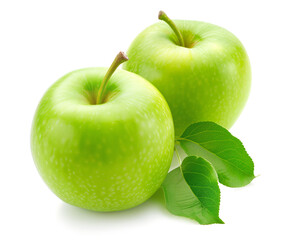 Two whole green apples with a fresh leaf isolated on white