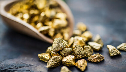 gold nuggets in miner's pan, symbolizing wealth, success, and the thrill of discovery in the world of mining