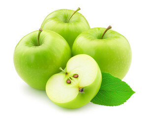 Vibrant green apples and a half with seeds on white background