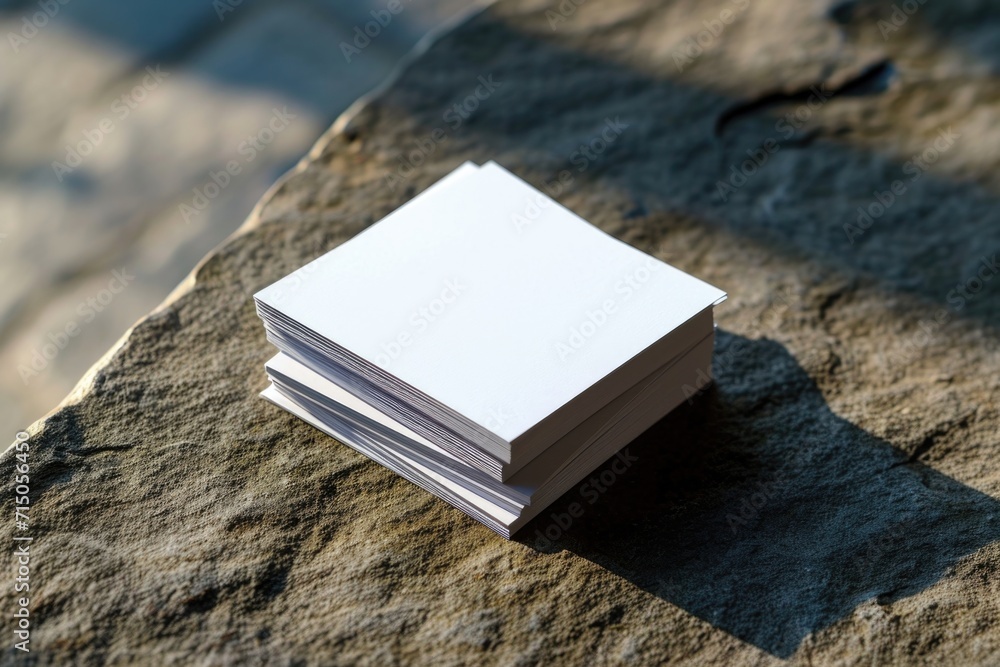 Poster A stack of paper sitting on top of a rock. This image can be used to represent organization, stability, or a contrast between nature and man-made objects