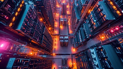 bird's-eye view, array of secure servers in a data center, top view in room, industrial area, evening, LED lights, secure, Drone Camera, generative ai. - obrazy, fototapety, plakaty