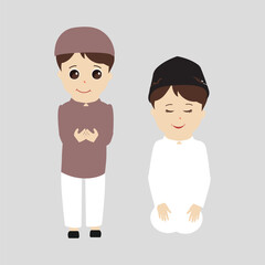 Happy muslim boy cartoon character vector. Muslim boy praying, Little muslim kid different pose and feel peace.