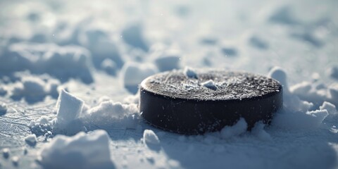A hockey puck resting on the snowy ground. Suitable for winter sports or hockey-related themes