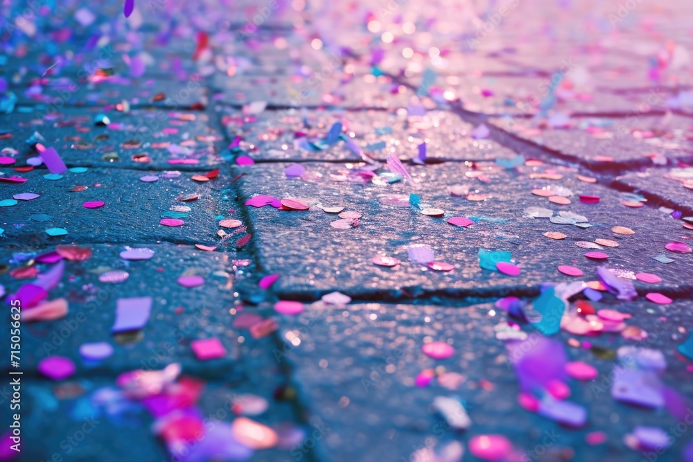 Poster A vibrant image capturing the joyous moment of confetti falling from the sky onto a sidewalk. Perfect for adding a touch of celebration and excitement to any project