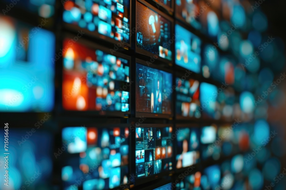 Aufkleber A captivating image showcasing a wall filled with an array of televisions displaying various content. Ideal for illustrating the concept of media, technology, or information overload.