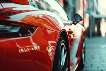 A red sports car parked on a city street. Suitable for automotive blogs, car advertisements, and...