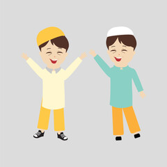 Happy muslim boy cartoon character vector. Muslim boy praying, Little muslim kid different pose and feel peace.
