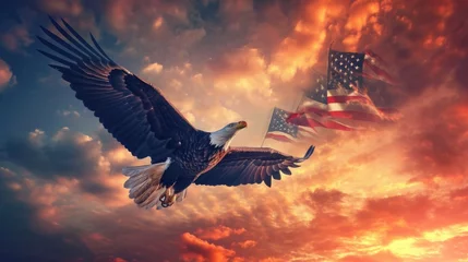 Foto op Canvas A majestic bald eagle soaring through the sky with the American flag in the background. Perfect for patriotic and national pride themes © Fotograf