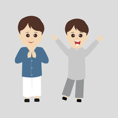 Happy muslim boy cartoon character vector. Muslim boy praying, Little muslim kid different pose and feel peace.