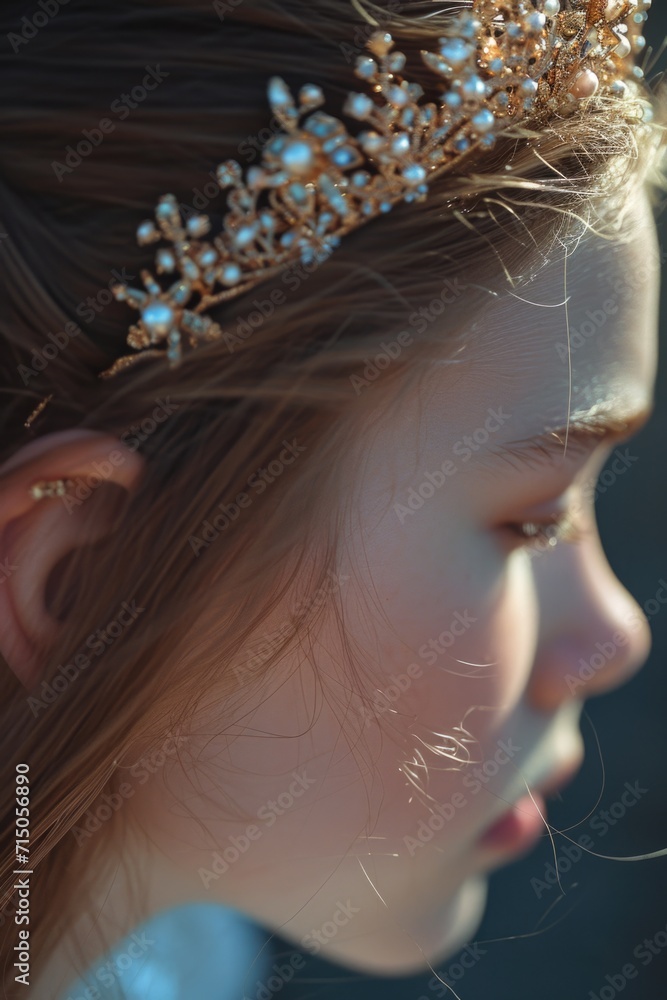 Poster a close-up image of a young girl wearing a stylish bow tie. this picture can be used to add a touch 