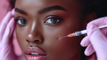 Obraz premium Botox injection in the face of a young black woman. Beauty and youth treatment.generative ai.