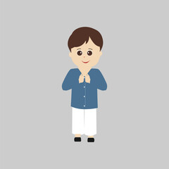 Happy muslim boy cartoon character vector. Muslim boy praying, Little muslim kid different pose and feel peace. © Miky