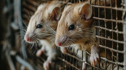 A picture of a couple of mice inside a cage. Suitable for illustrating small pets or animal captivity