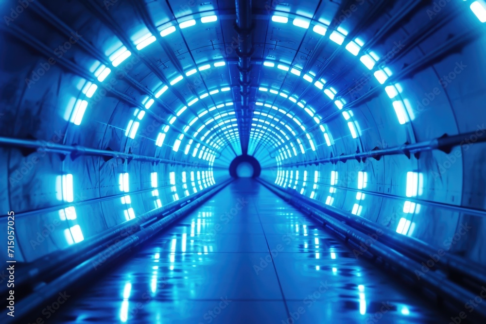 Poster a person is walking down an escalator in a tunnel. this image can be used to depict urban transporta