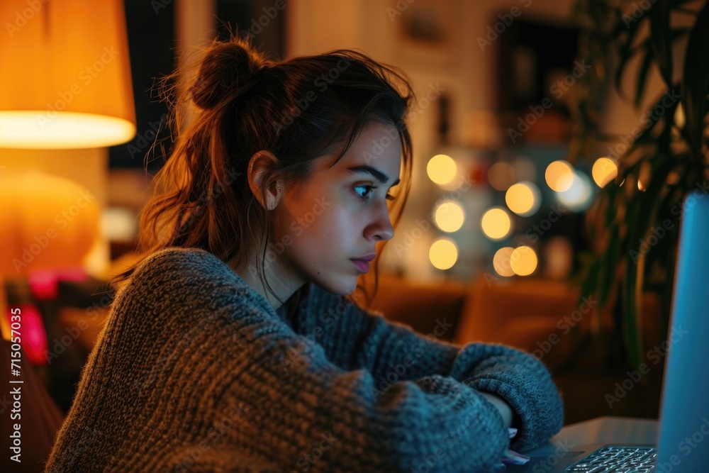 Poster a woman is seen sitting in front of a laptop computer. this versatile image can be used to represent